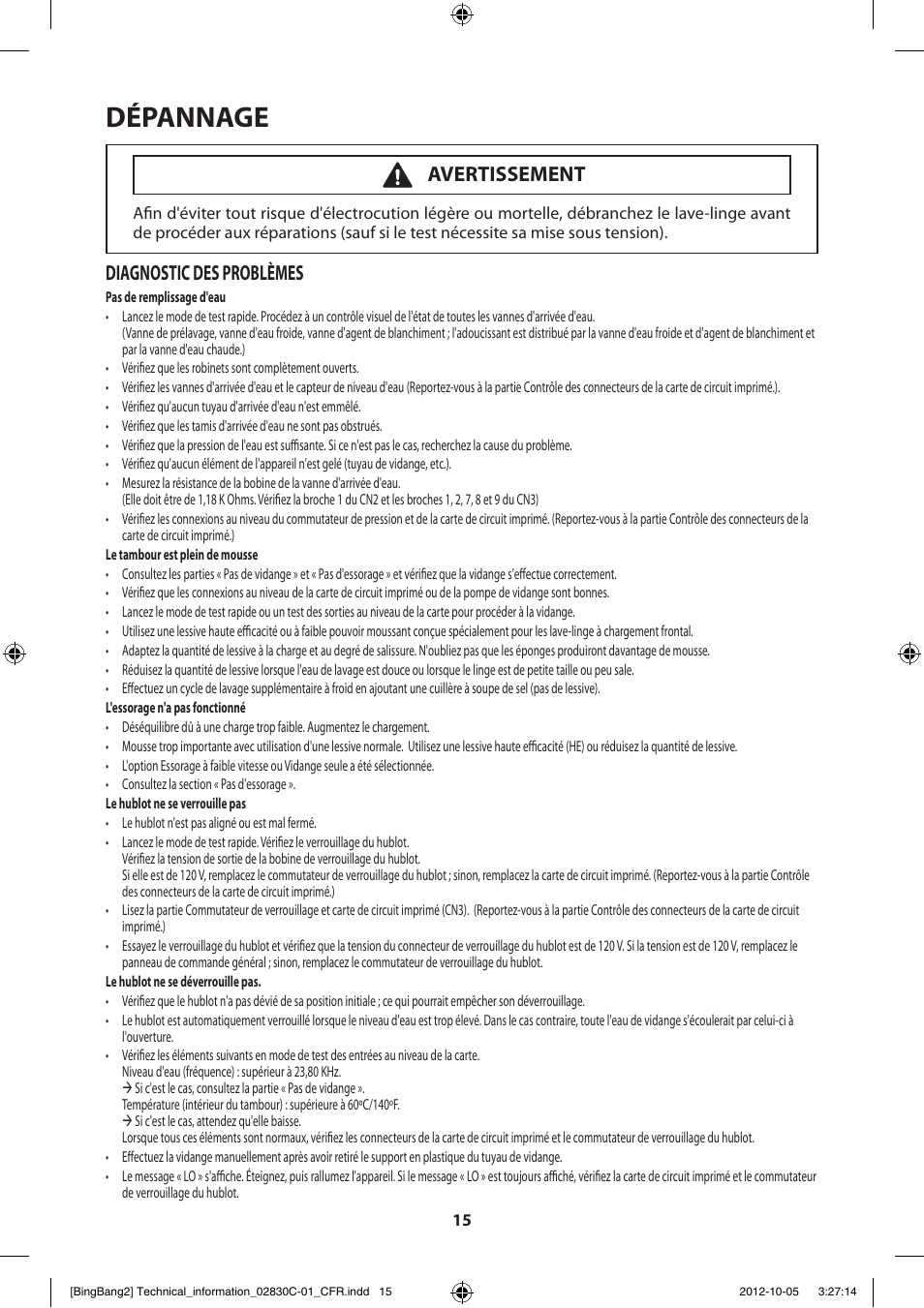 Dépannage, Diagnostic des problèmes, Avertissement | Samsung WF231ANW-XAA User Manual | Page 35 / 60