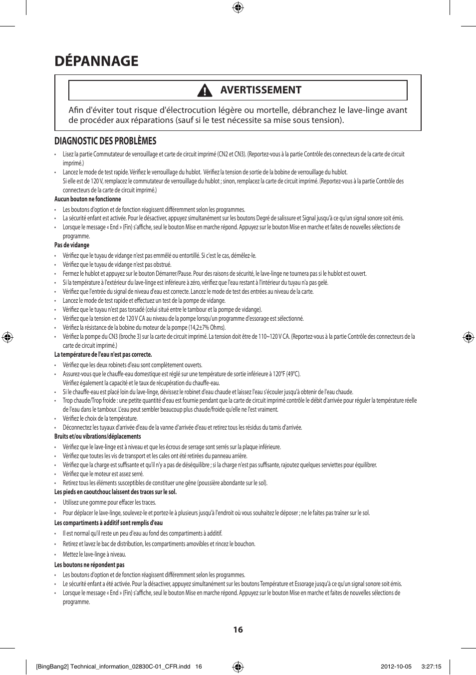 Dépannage, Diagnostic des problèmes, Avertissement | Samsung WF231ANW-XAA User Manual | Page 36 / 60
