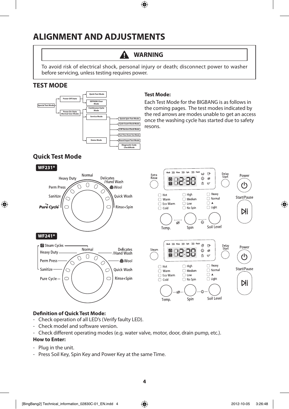 Alignment and adjustments, Test mode, Quick test mode | Warning | Samsung WF231ANW-XAA User Manual | Page 4 / 60