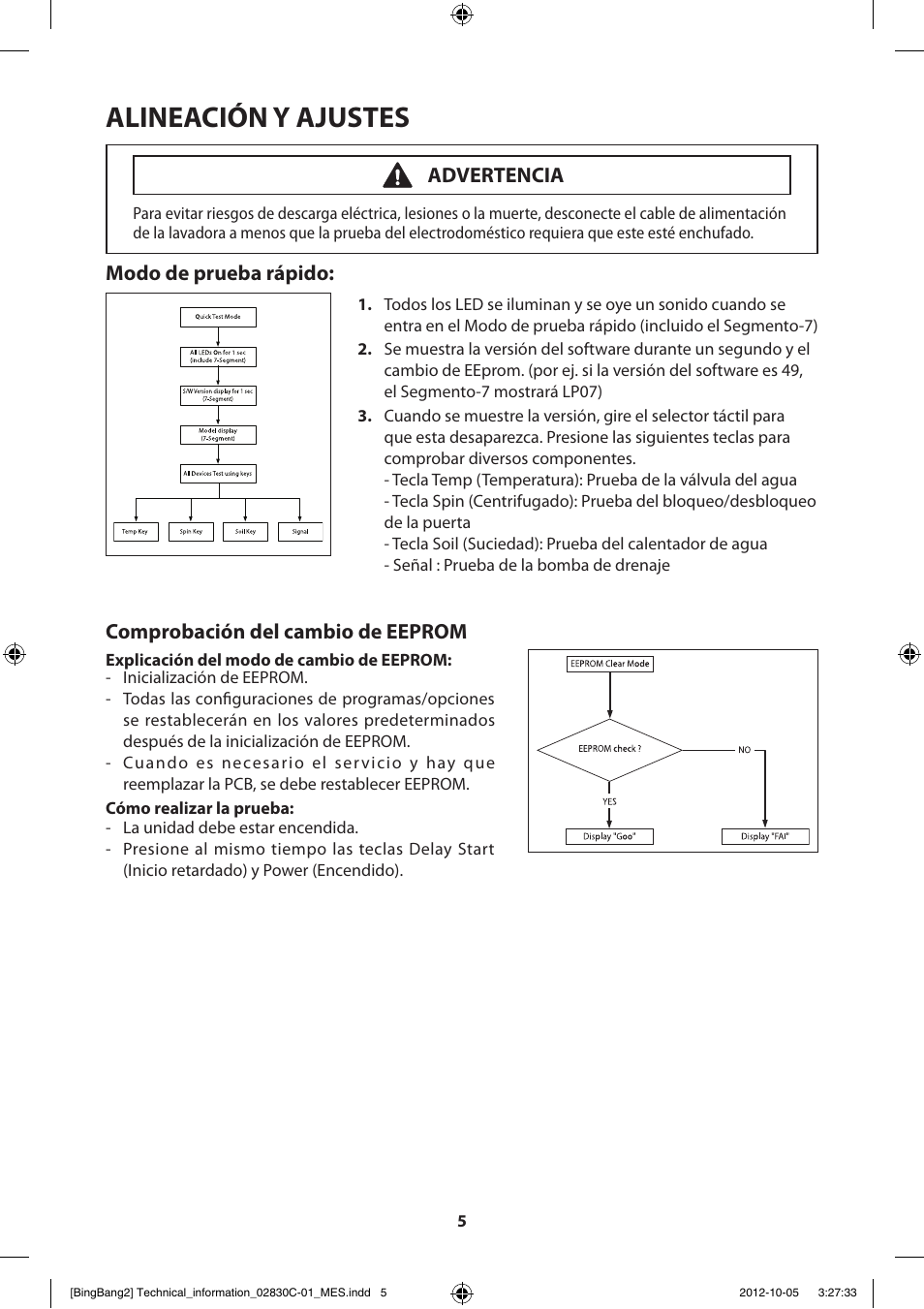 Alineación y ajustes, Modo de prueba rápido, Comprobación del cambio de eeprom | Advertencia | Samsung WF231ANW-XAA User Manual | Page 45 / 60