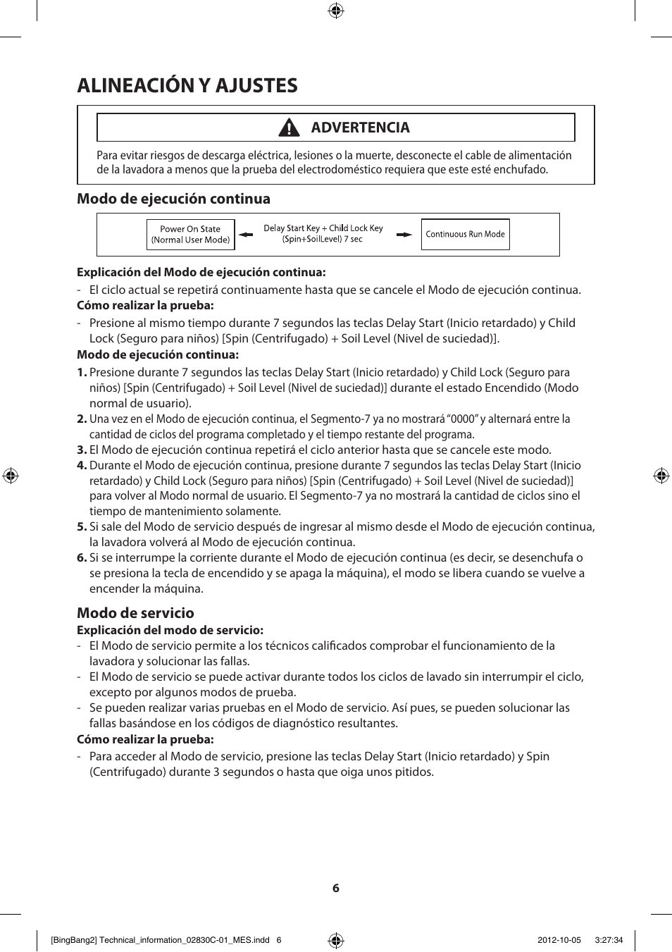 Alineación y ajustes, Modo de ejecución continua, Modo de servicio | Advertencia | Samsung WF231ANW-XAA User Manual | Page 46 / 60