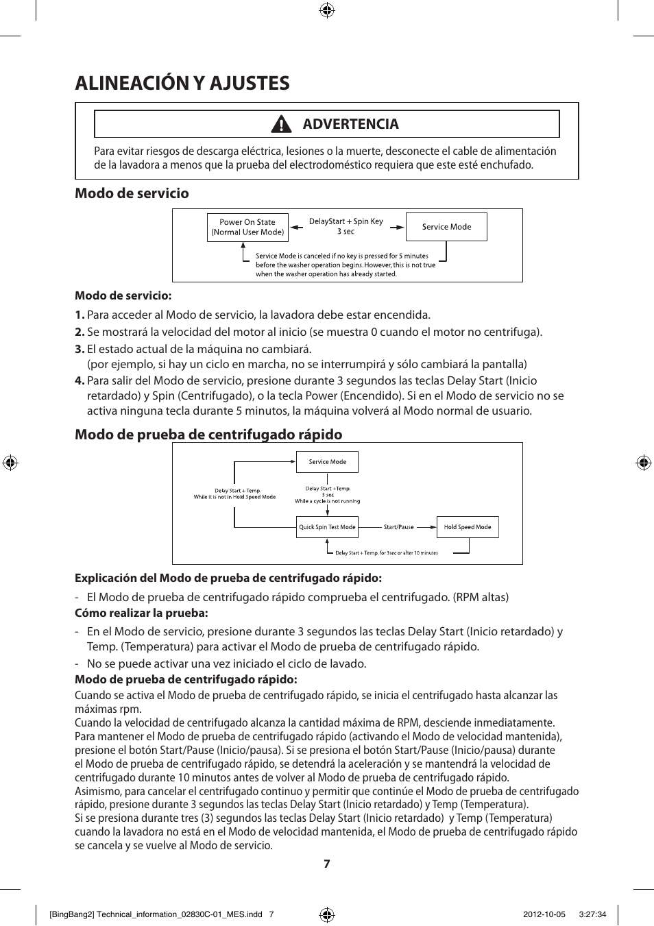 Alineación y ajustes, Modo de servicio, Modo de prueba de centrifugado rápido | Advertencia | Samsung WF231ANW-XAA User Manual | Page 47 / 60