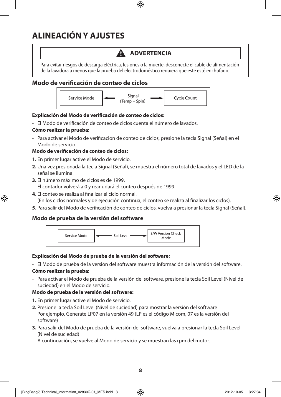 Alineación y ajustes, Modo de verificación de conteo de ciclos, Advertencia | Samsung WF231ANW-XAA User Manual | Page 48 / 60