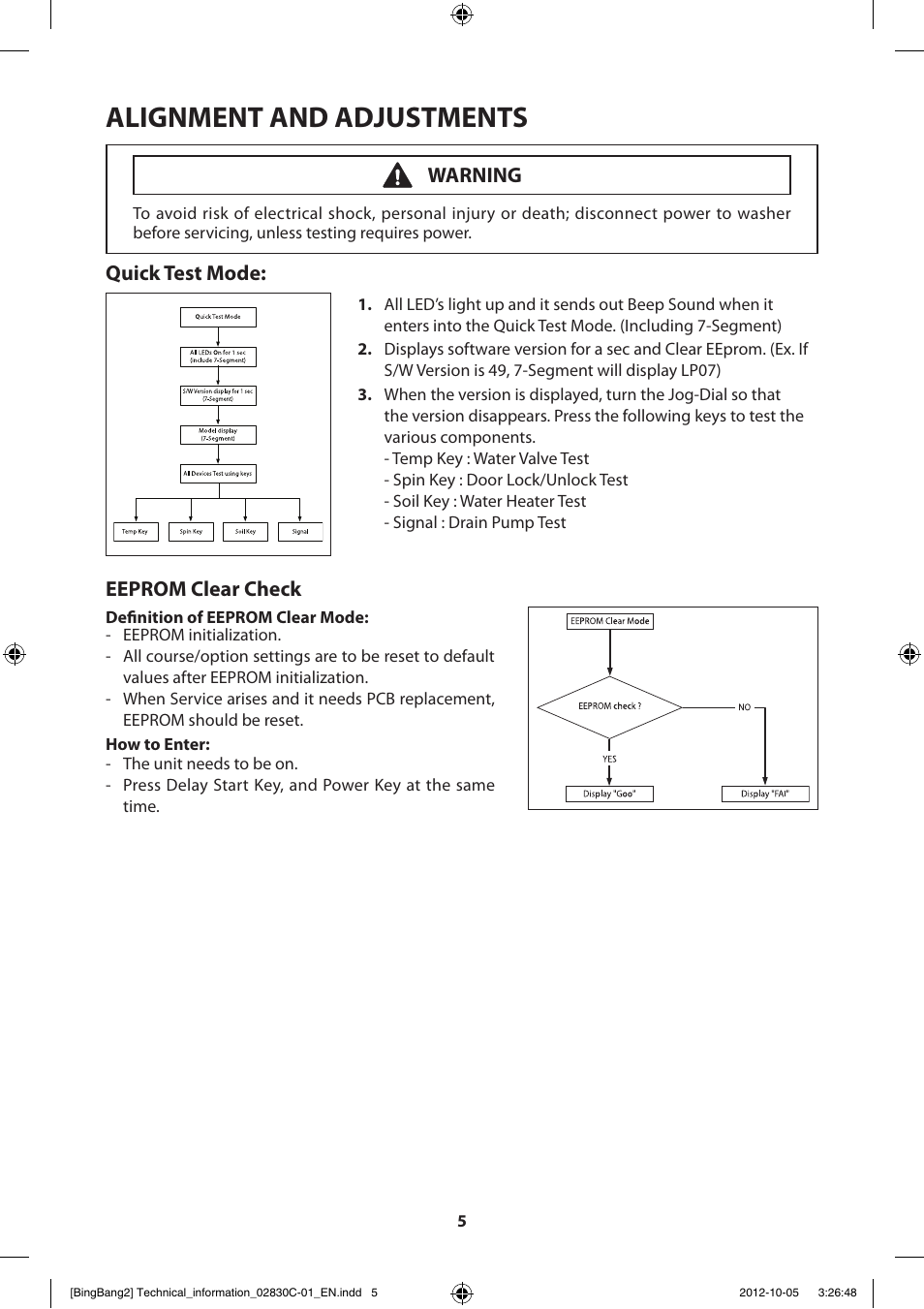 Alignment and adjustments, Quick test mode, Eeprom clear check | Warning | Samsung WF231ANW-XAA User Manual | Page 5 / 60