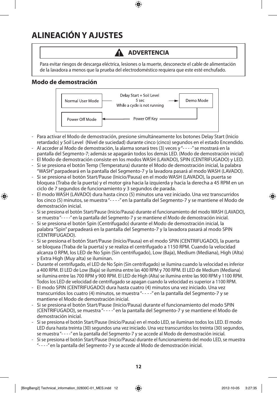 Alineación y ajustes, Modo de demostración, Advertencia | Samsung WF231ANW-XAA User Manual | Page 52 / 60