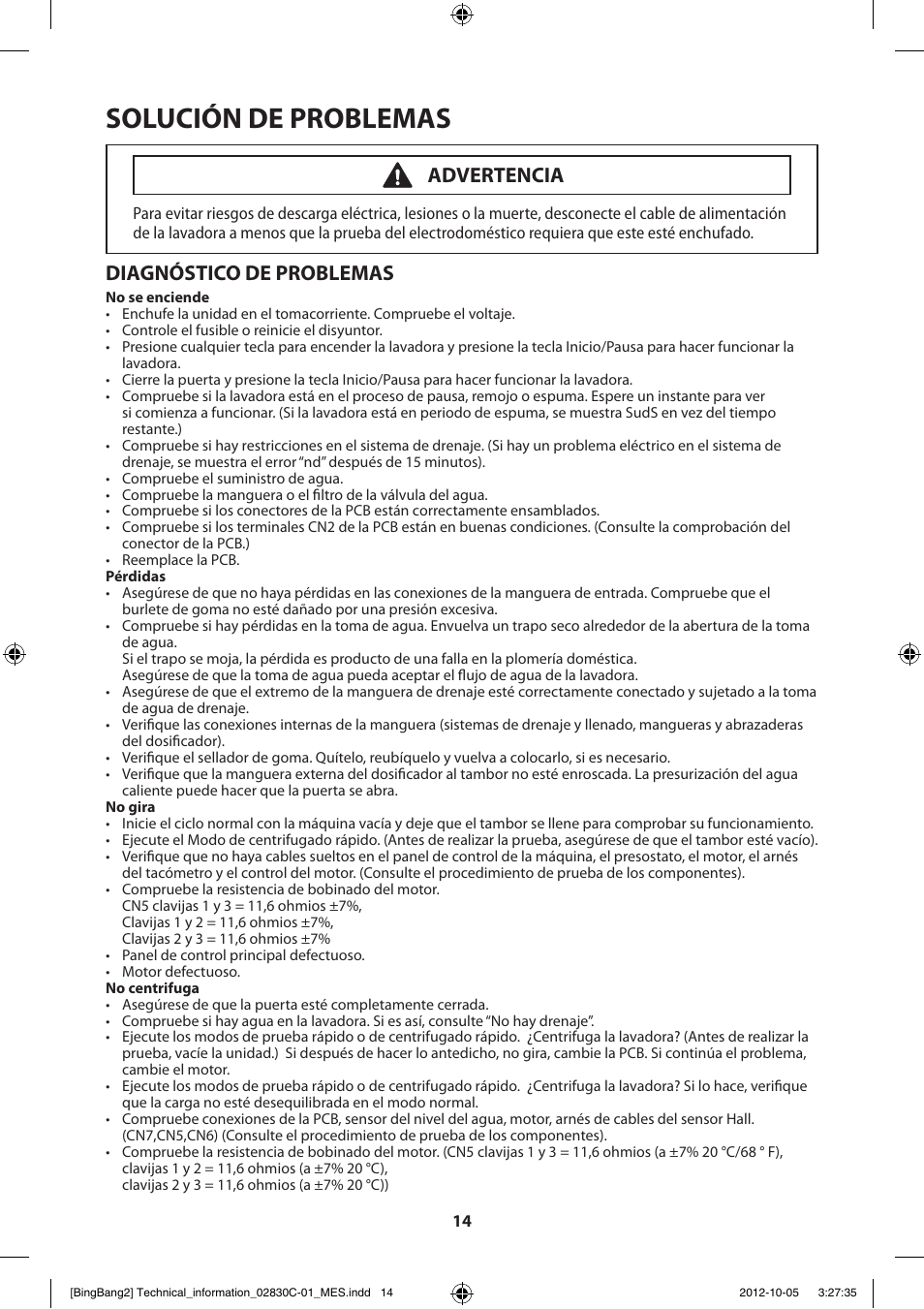 Solución de problemas, Diagnóstico de problemas, Advertencia | Samsung WF231ANW-XAA User Manual | Page 54 / 60