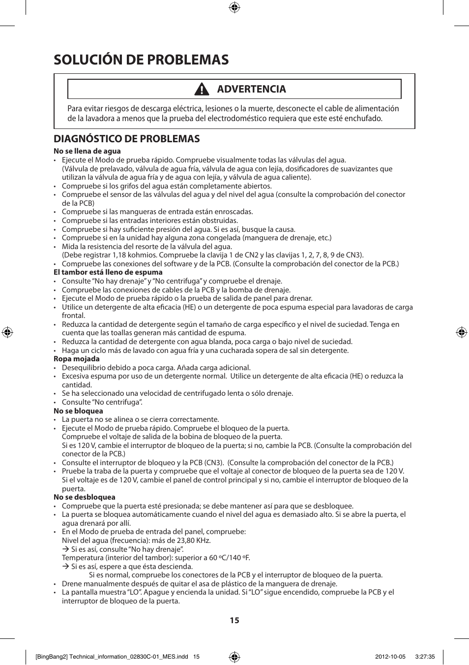 Solución de problemas, Diagnóstico de problemas, Advertencia | Samsung WF231ANW-XAA User Manual | Page 55 / 60