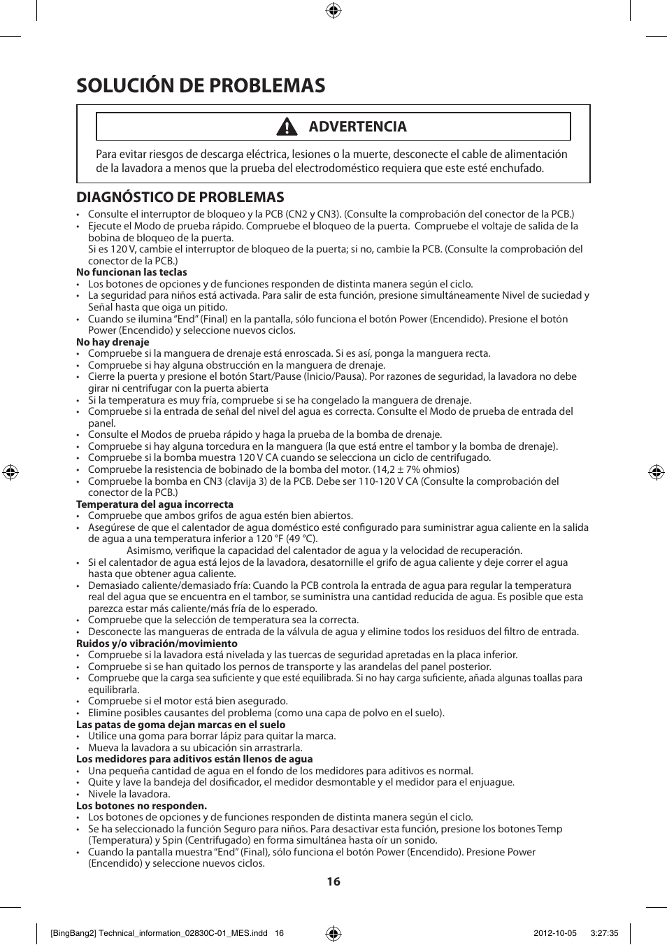 Solución de problemas, Diagnóstico de problemas, Advertencia | Samsung WF231ANW-XAA User Manual | Page 56 / 60