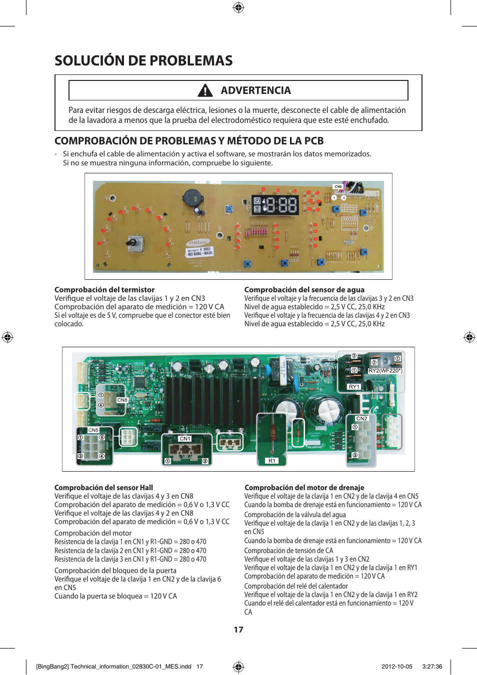Solución de problemas, Comprobación de problemas y método de la pcb, Advertencia | Samsung WF231ANW-XAA User Manual | Page 57 / 60