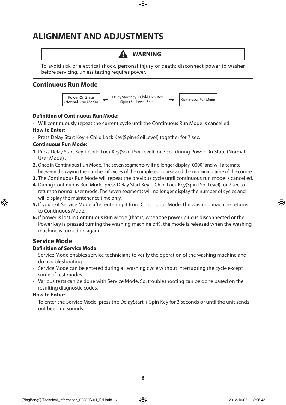 Alignment and adjustments, Continuous run mode, Service mode | Warning | Samsung WF231ANW-XAA User Manual | Page 6 / 60