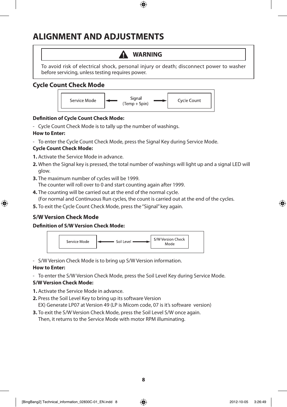 Alignment and adjustments, Cycle count check mode, Warning | Samsung WF231ANW-XAA User Manual | Page 8 / 60