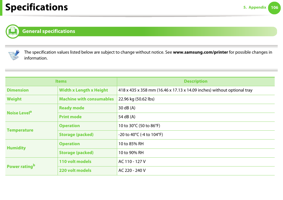 Specifications, General specifications | Samsung ML-4512ND-XAA User Manual | Page 106 / 272