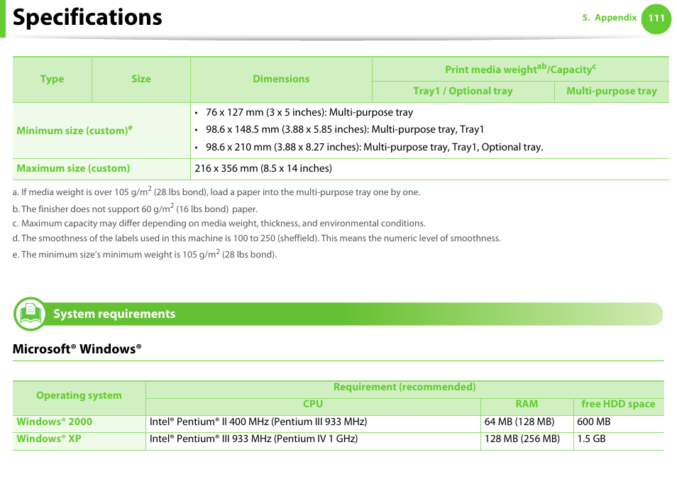 System requirements, Specifications, Microsoft® windows | Samsung ML-4512ND-XAA User Manual | Page 111 / 272