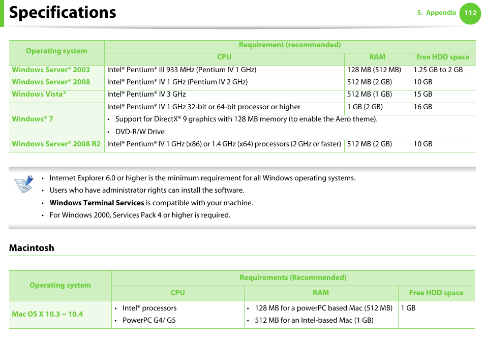 Specifications, Macintosh | Samsung ML-4512ND-XAA User Manual | Page 112 / 272