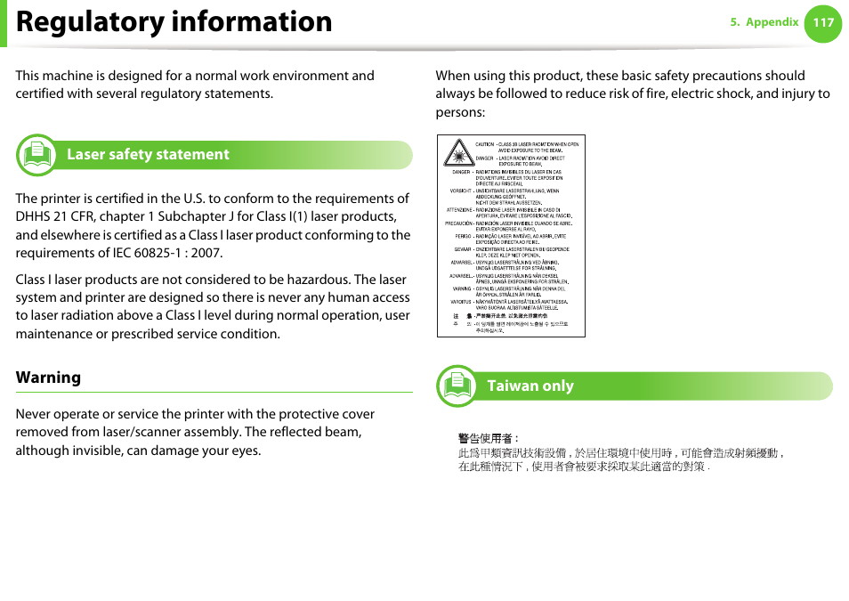 Regulatory information, Laser safety statement, Taiwan only | Warning | Samsung ML-4512ND-XAA User Manual | Page 116 / 272