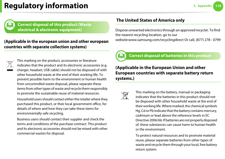 Correct disposal of batteries in this product, Regulatory information | Samsung ML-4512ND-XAA User Manual | Page 118 / 272