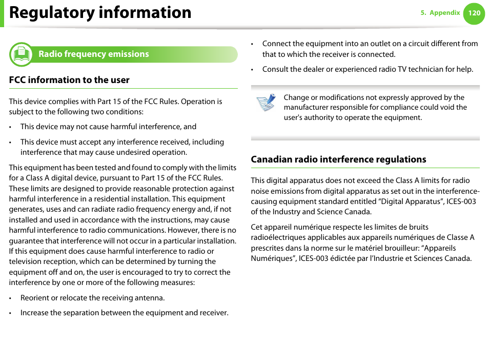 Radio frequency emissions, Regulatory information, Fcc information to the user | Canadian radio interference regulations | Samsung ML-4512ND-XAA User Manual | Page 119 / 272