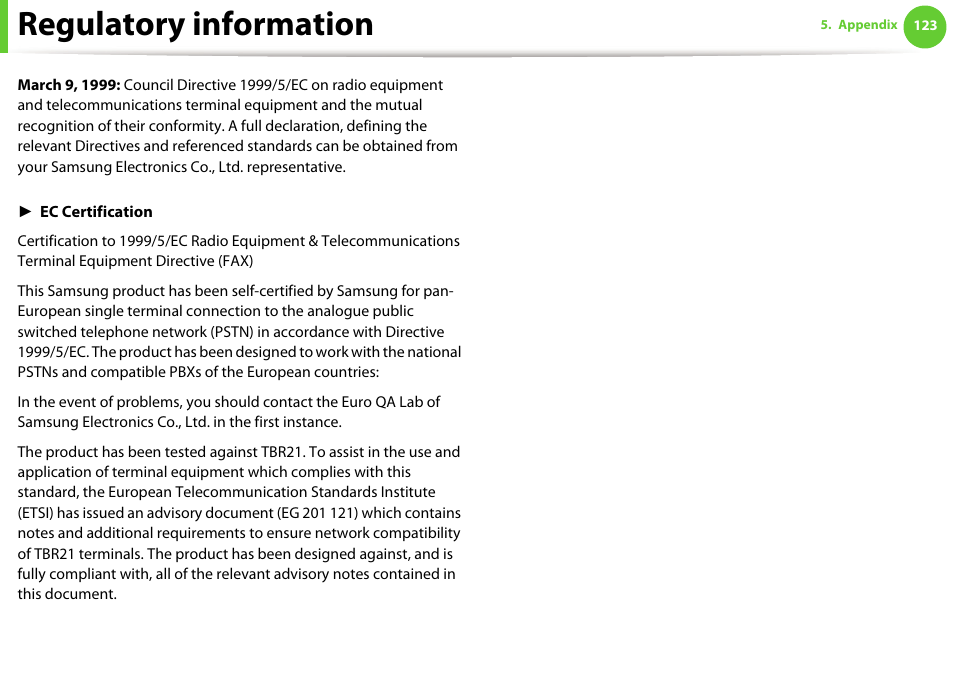 Regulatory information | Samsung ML-4512ND-XAA User Manual | Page 122 / 272