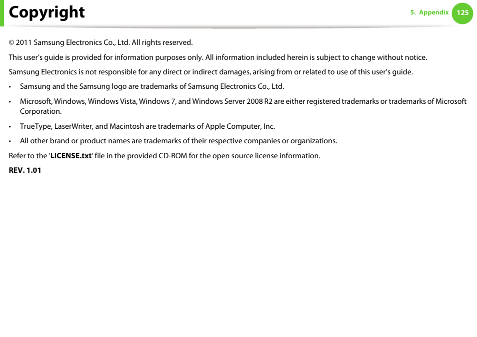 Copyright | Samsung ML-4512ND-XAA User Manual | Page 124 / 272