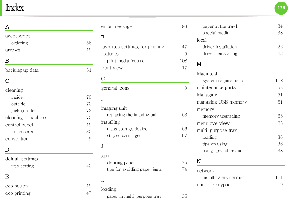 Index, Accessories, Ordering 56 | Arrows 19, Backing up data 51, Cleaning, Inside 70, Outside 70, Pickup roller 72, Cleaning a machine 70 | Samsung ML-4512ND-XAA User Manual | Page 125 / 272