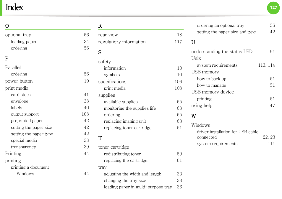 Optional tray 56, Loading paper 34, Ordering 56 | Parallel, Power button 19, Print media, Card stock 41, Envelope 38, Labels 40, Output support 108 | Samsung ML-4512ND-XAA User Manual | Page 126 / 272