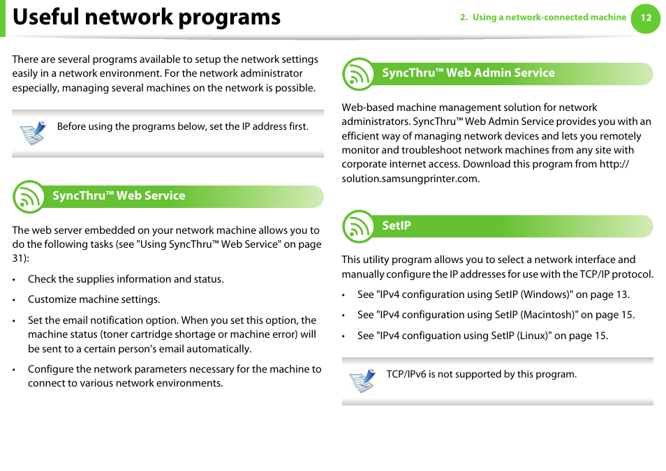 Useful network programs, Syncthru™ web service, Syncthru™ web admin service | Setip | Samsung ML-4512ND-XAA User Manual | Page 138 / 272