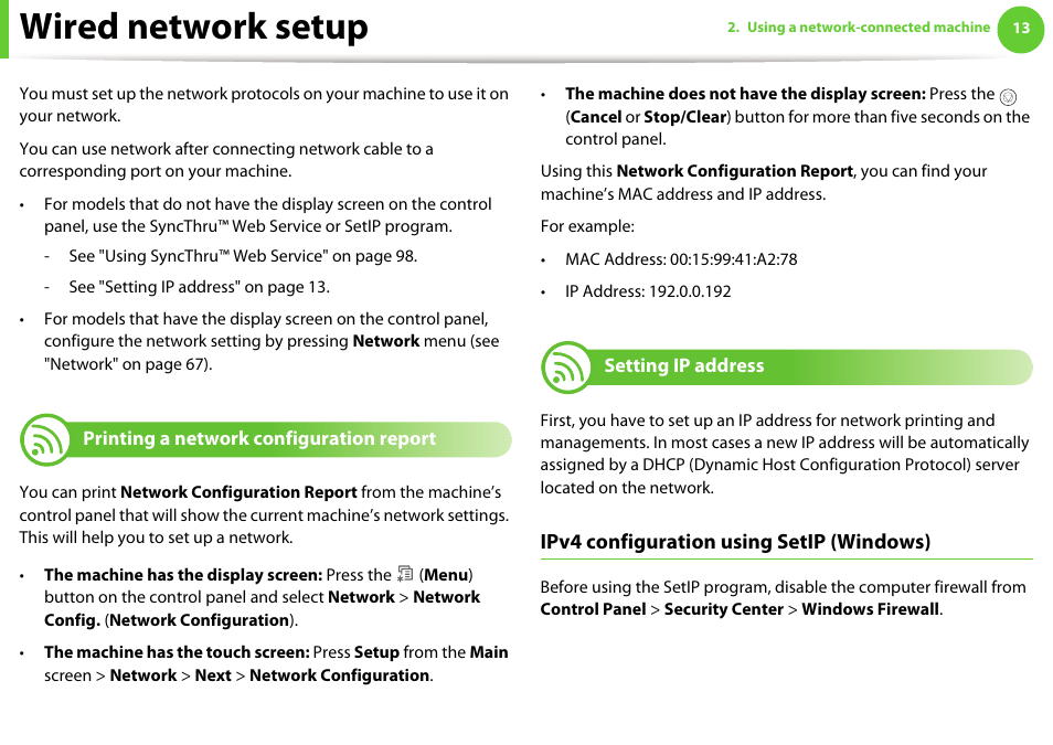 Wired network setup, Printing a network configuration report, Setting ip address | Ipv4 configuration using setip (windows) | Samsung ML-4512ND-XAA User Manual | Page 139 / 272