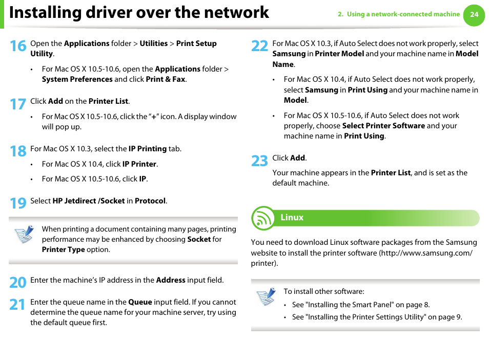 Linux, Installing driver over the network | Samsung ML-4512ND-XAA User Manual | Page 150 / 272