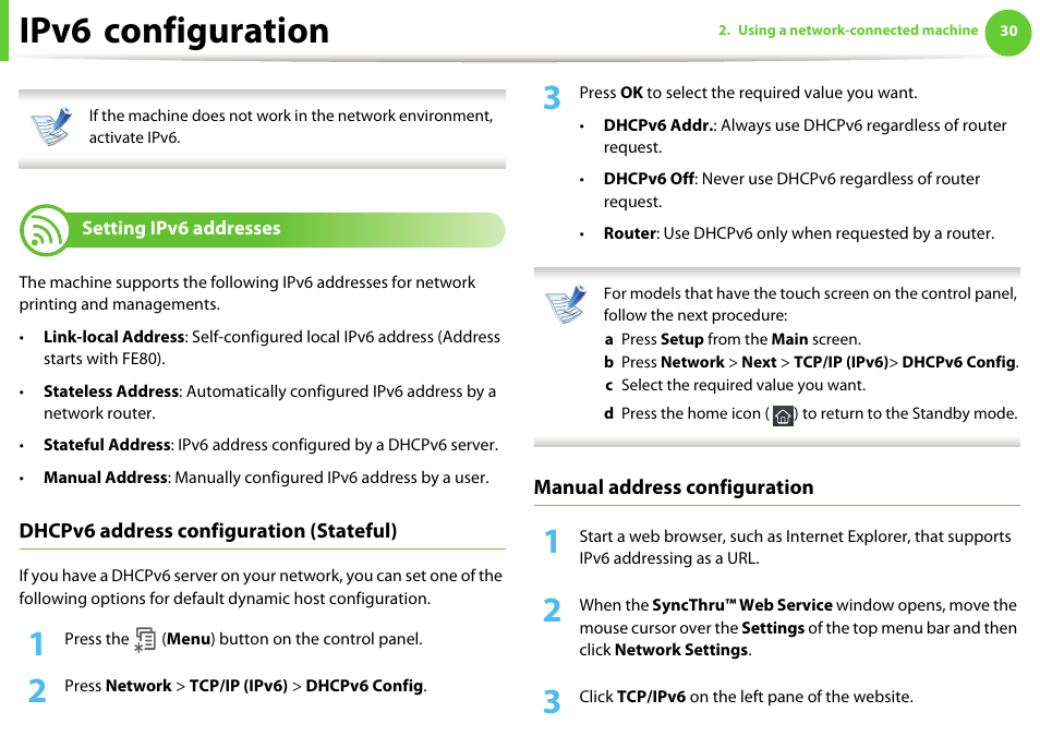 Setting ipv6 addresses, Ipv6 configuration | Samsung ML-4512ND-XAA User Manual | Page 156 / 272