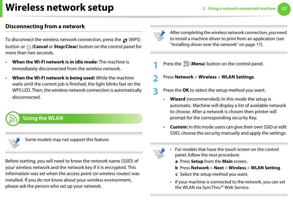 Using the wlan, Wireless network setup, Disconnecting from a network | Samsung ML-4512ND-XAA User Manual | Page 163 / 272