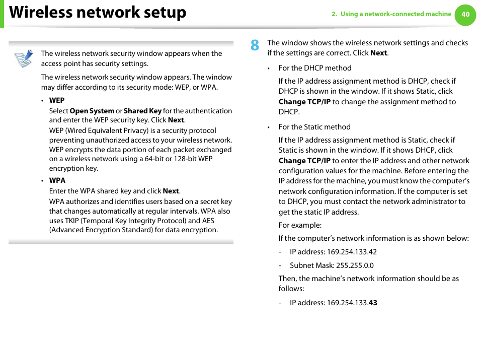 Wireless network setup | Samsung ML-4512ND-XAA User Manual | Page 166 / 272