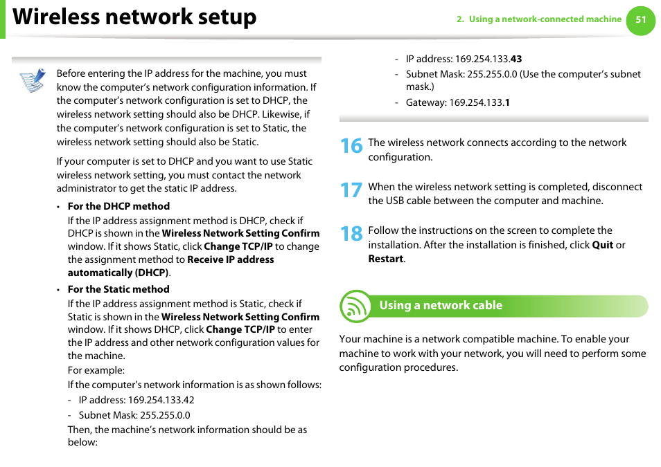 Using a network cable, Wireless network setup | Samsung ML-4512ND-XAA User Manual | Page 177 / 272