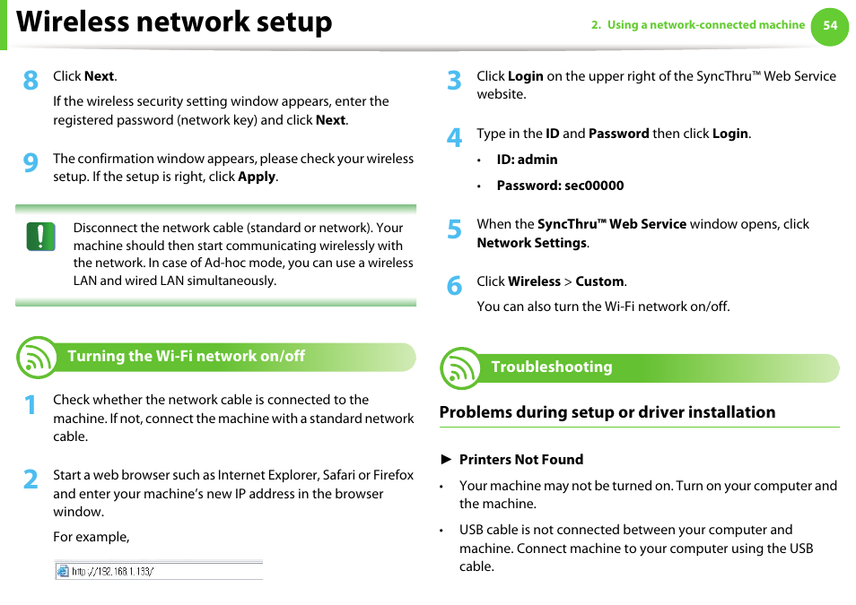 Turning the wi-fi network on/off, Troubleshooting, Wireless network setup | Samsung ML-4512ND-XAA User Manual | Page 180 / 272