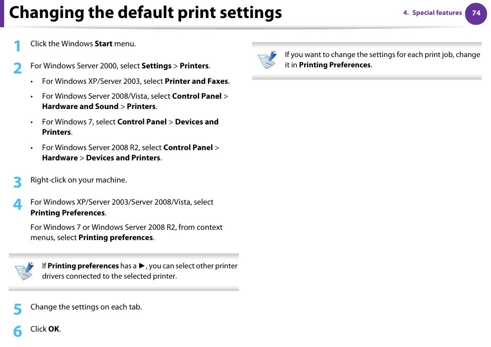 Changing the default print settings | Samsung ML-4512ND-XAA User Manual | Page 200 / 272