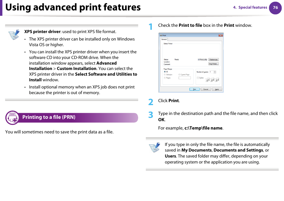 Using advanced print features, Printing to a file (prn) | Samsung ML-4512ND-XAA User Manual | Page 202 / 272