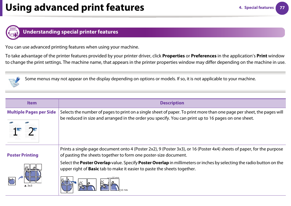 Understanding special printer features, Using advanced print features | Samsung ML-4512ND-XAA User Manual | Page 203 / 272