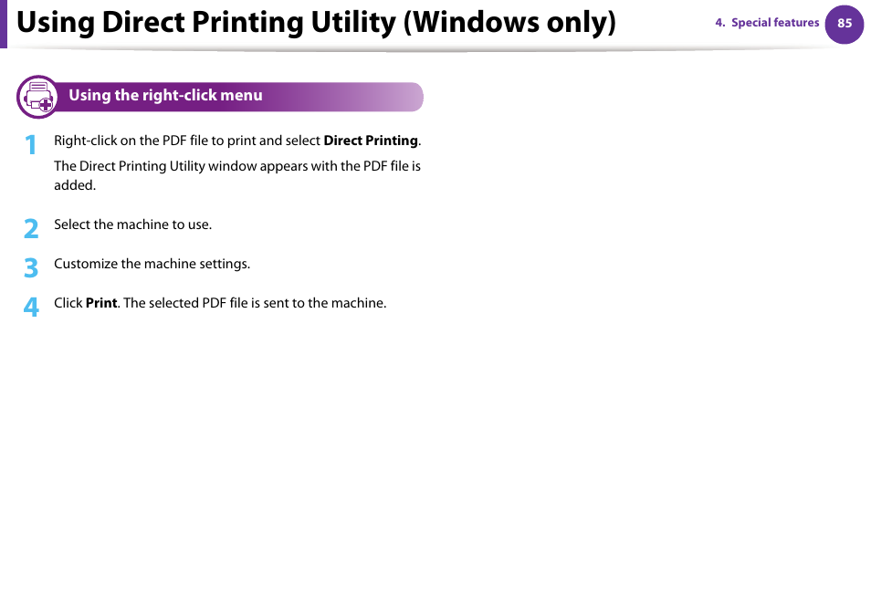 Using the right-click menu, Using direct printing utility (windows only) | Samsung ML-4512ND-XAA User Manual | Page 211 / 272