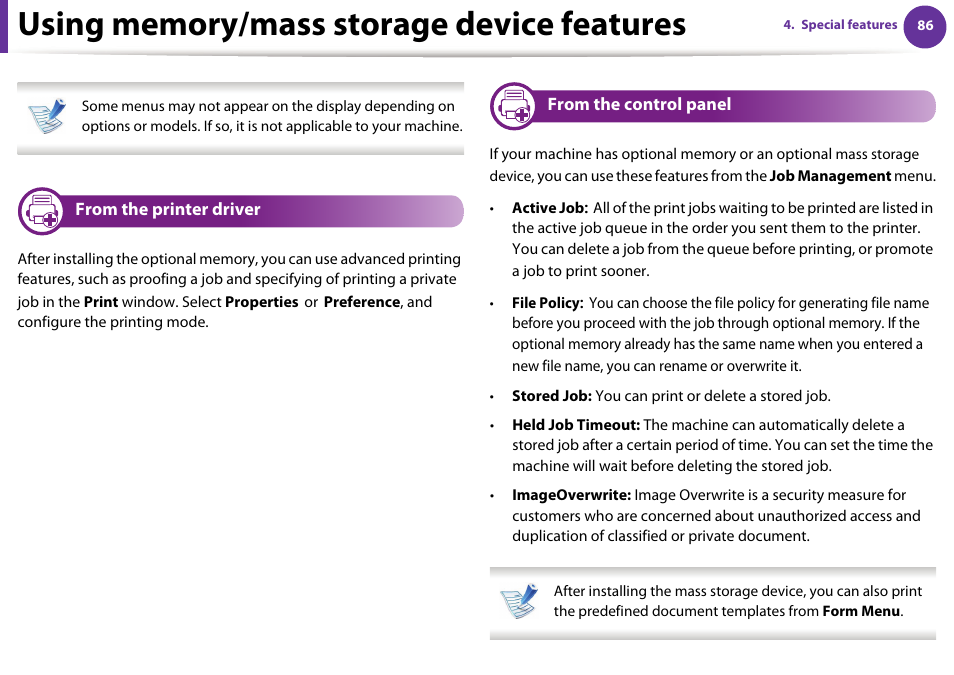 Using memory/mass storage device features, From the printer driver, From the control panel | Samsung ML-4512ND-XAA User Manual | Page 212 / 272