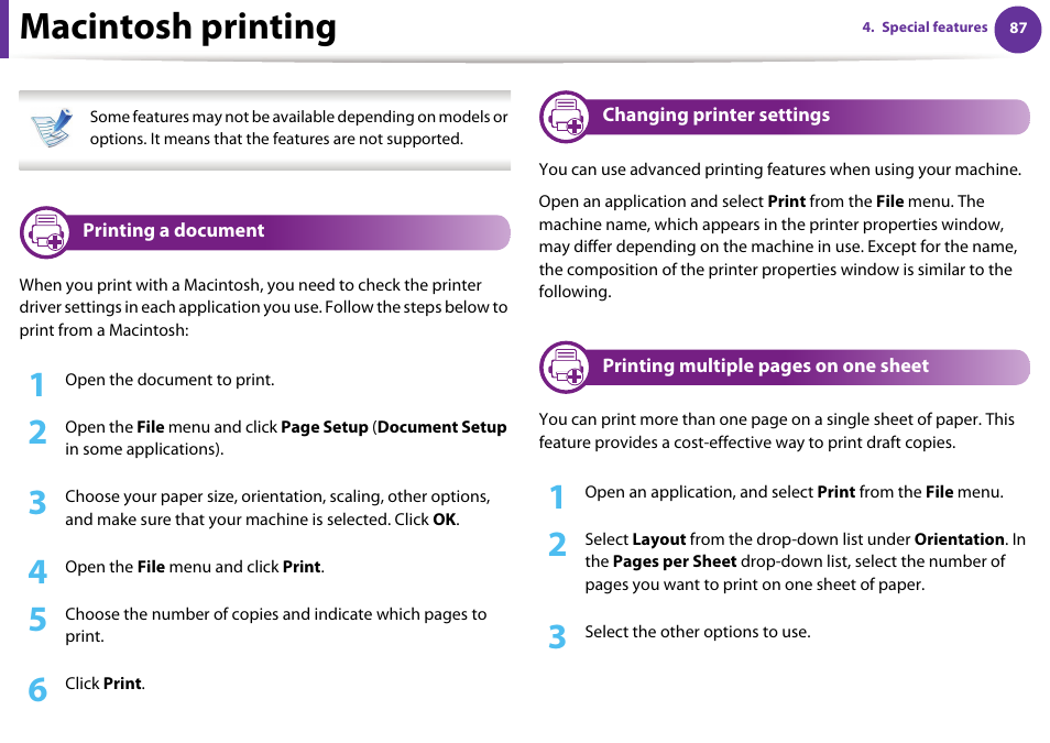 Macintosh printing, Printing a document, Changing printer settings | Samsung ML-4512ND-XAA User Manual | Page 213 / 272