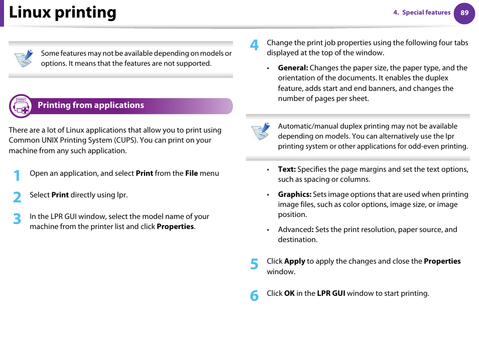 Linux printing, Printing from applications | Samsung ML-4512ND-XAA User Manual | Page 215 / 272