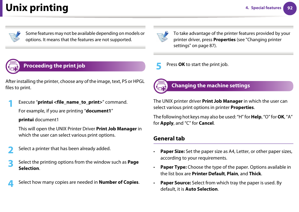 Unix printing, Proceeding the print job, Changing the machine settings | Samsung ML-4512ND-XAA User Manual | Page 218 / 272