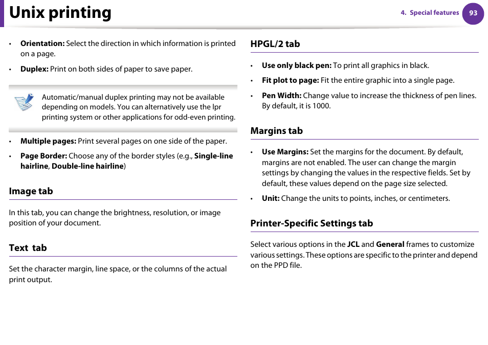 Unix printing, Image tab, Text tab | Hpgl/2 tab, Margins tab, Printer-specific settings tab | Samsung ML-4512ND-XAA User Manual | Page 219 / 272