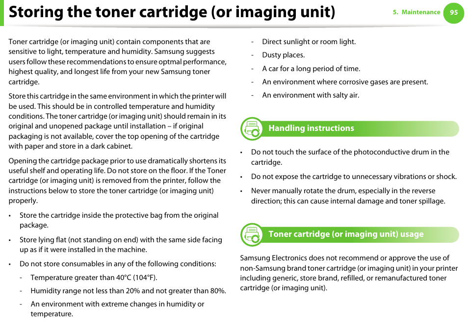 Storing the toner cartridge (or imaging unit), Handling instructions, Toner cartridge (or imaging unit) usage | Samsung ML-4512ND-XAA User Manual | Page 221 / 272