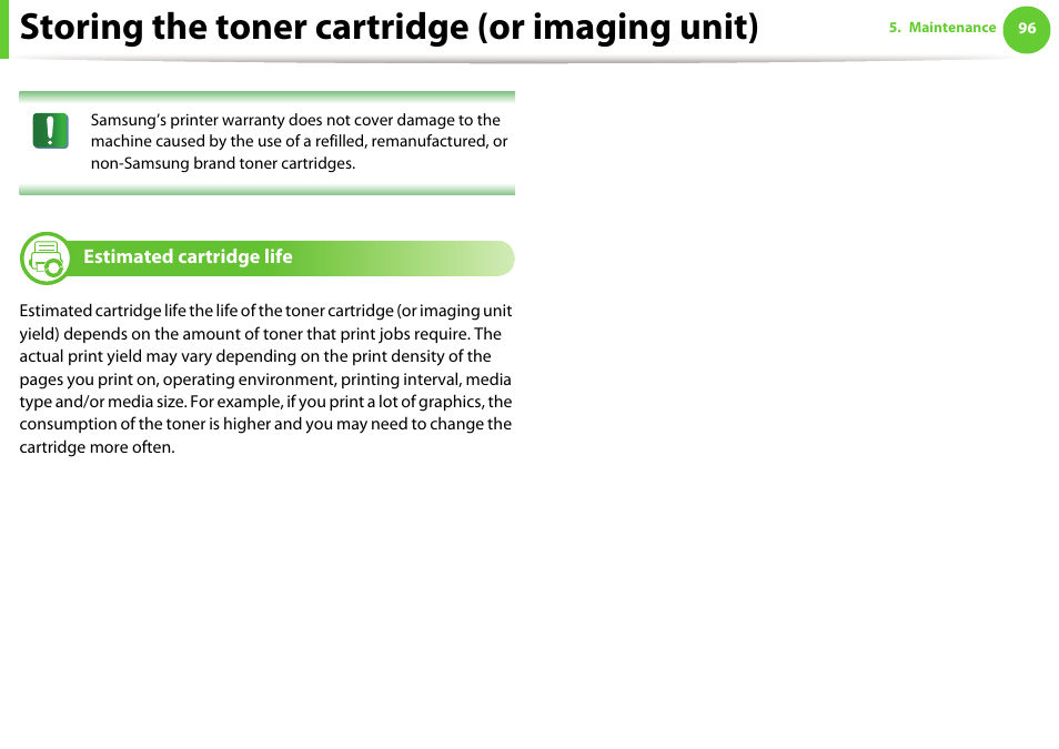 Estimated cartridge life, Storing the toner cartridge (or imaging unit) | Samsung ML-4512ND-XAA User Manual | Page 222 / 272