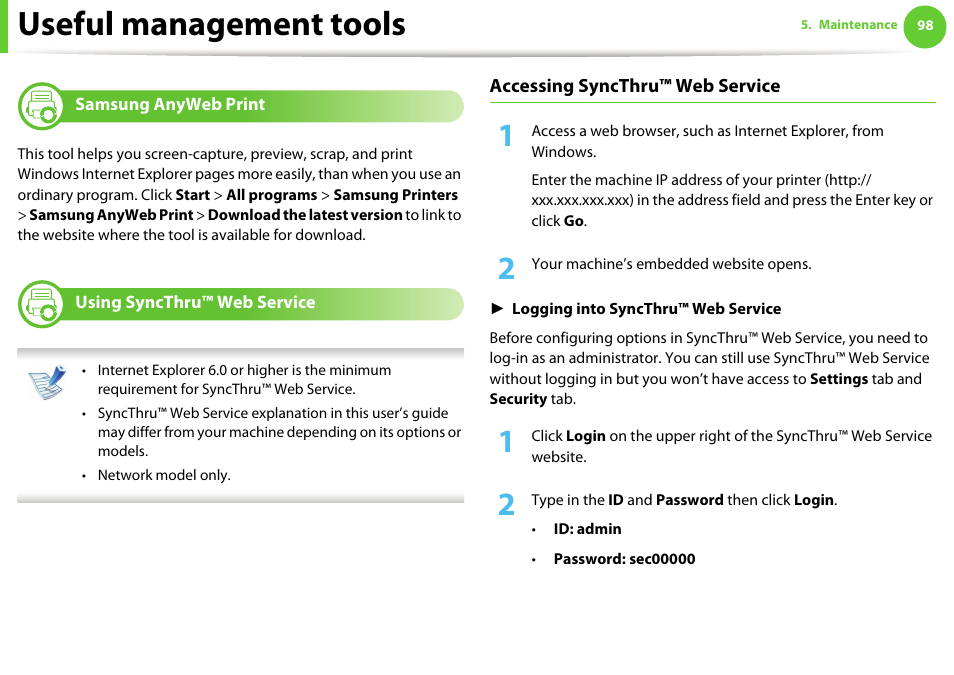 Useful management tools, Samsung anyweb print, Using syncthru™ web service | Samsung ML-4512ND-XAA User Manual | Page 224 / 272