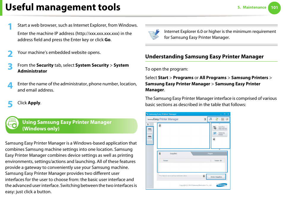 Using samsung easy printer manager (windows only), Useful management tools | Samsung ML-4512ND-XAA User Manual | Page 227 / 272