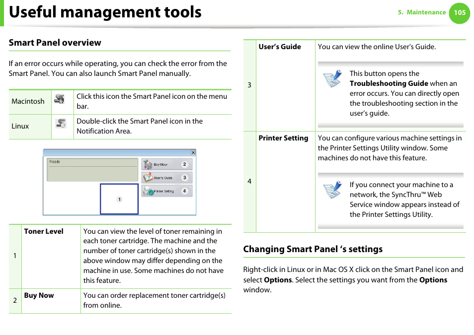Useful management tools, Smart panel overview, Changing smart panel ‘s settings | Samsung ML-4512ND-XAA User Manual | Page 231 / 272