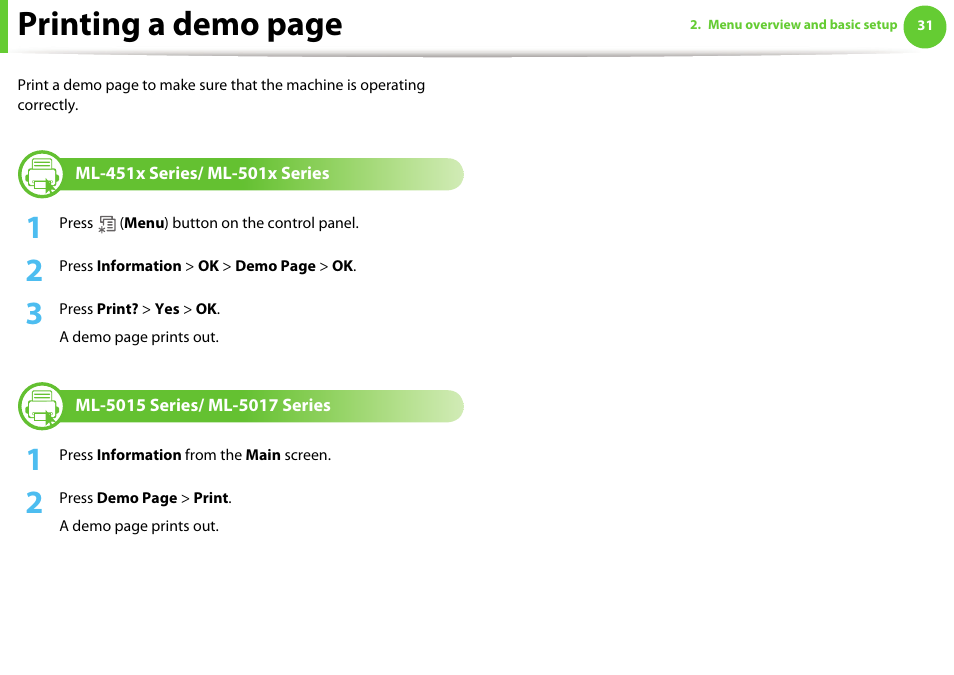 Ml-451x series/ ml-501x series, Ml-5015 series/ ml-5017 series, Printing a demo page | Samsung ML-4512ND-XAA User Manual | Page 31 / 272