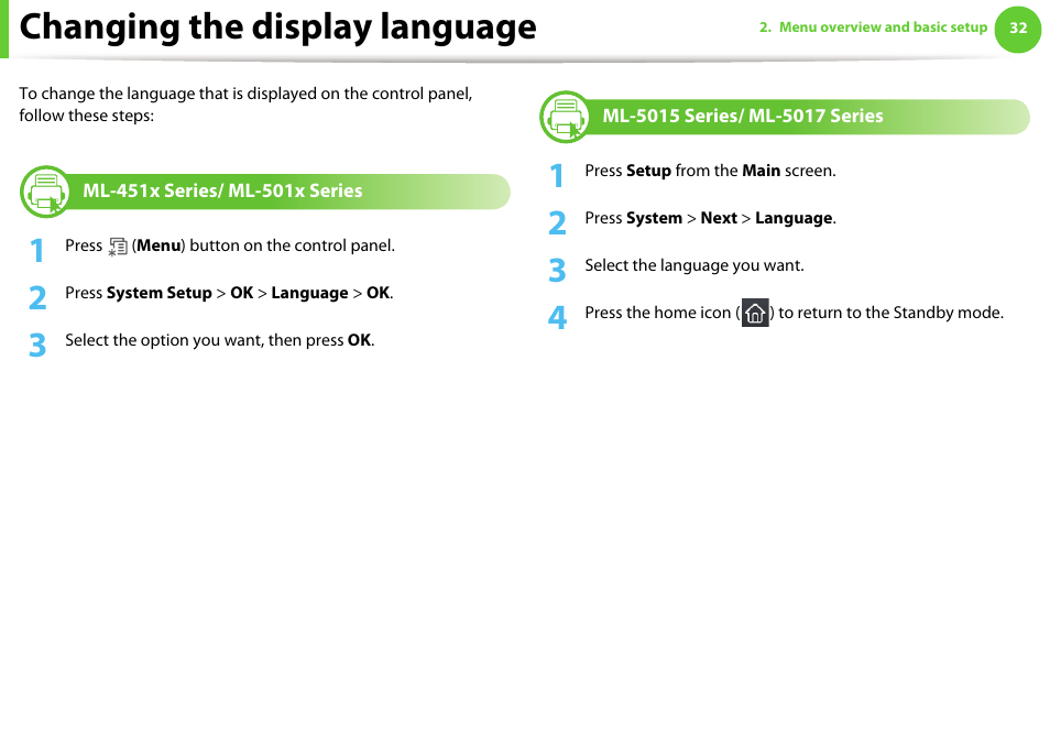 Changing the display language, Ml-451x series/ ml-501x series, Ml-5015 series/ ml-5017 series | Samsung ML-4512ND-XAA User Manual | Page 32 / 272