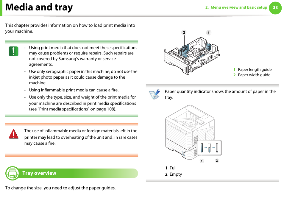 Media and tray, Tray overview | Samsung ML-4512ND-XAA User Manual | Page 33 / 272